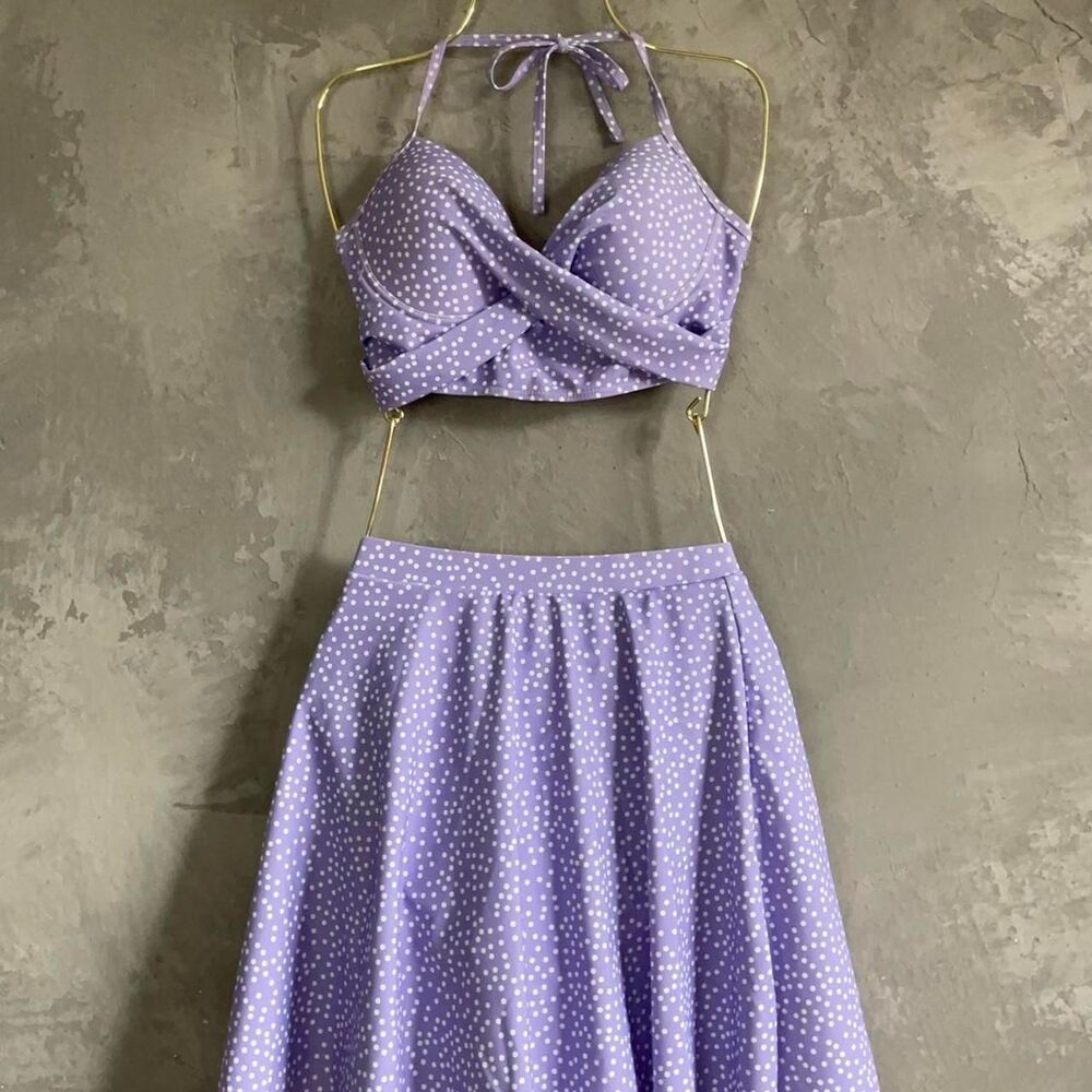 Lavender Polka Dot Bikini Swim Set Skirt Size M
